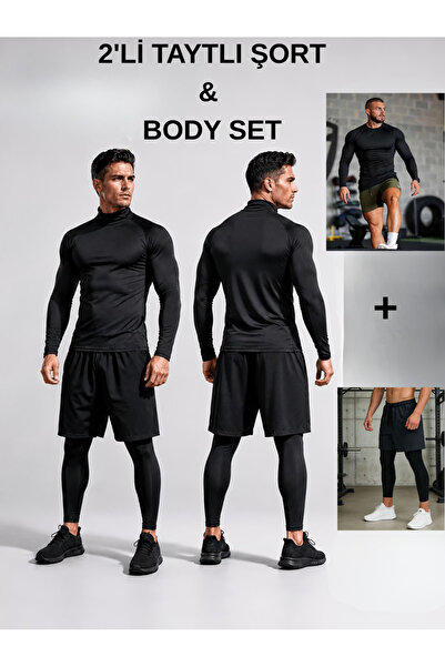 RUTBİL SPORTS 2'Lİ UZUN TAYTLI ŞORT & COMPRESSİON BODY SET- FUTBOL-GYM-KOŞU E...