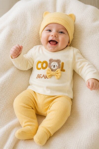 Pure Boutique Compleu bebelusi 3 piese cu caciulita, set galben din bumbac co...