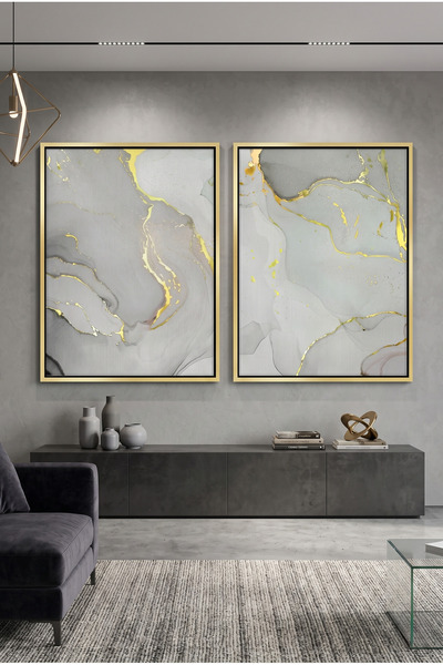 Jasmine Art Gold Marble Set of 2 Abstract Wall Art | Framed Canvas Print with...