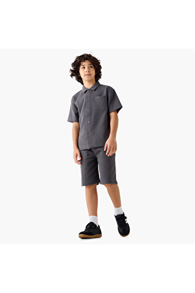 ELIGO Collared Short Sleeves Shirt and Shorts Set with Textured Design