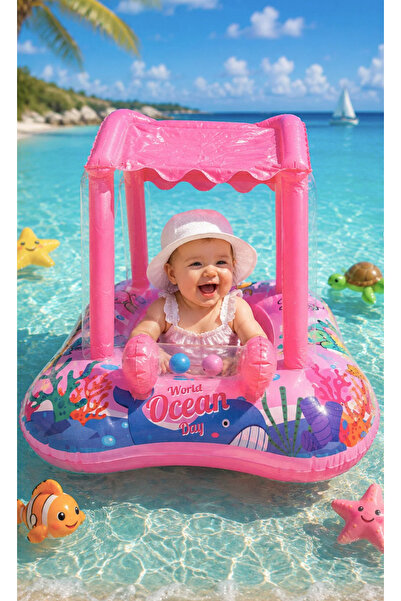 BYZ TOYS Gölgelikli Bebek Deniz Simidi Oturaklı Baby Float UV Korumalı – Mavi...
