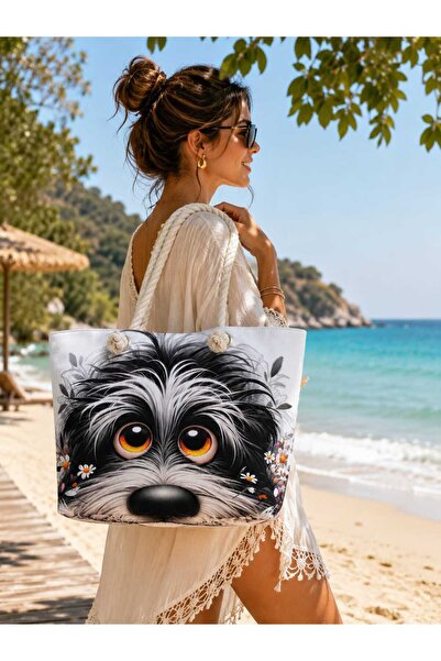 Köpek Desenli Büyük Boy Plaj Çantası Kadın Omuz Çantası Tatil Seyahat ve Günlük Kullanım Çantası