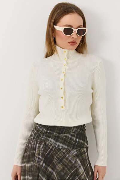 Raneel Kazançlı Alışveriş Women's Cream High Collar Snap Fastener Soft Textur...