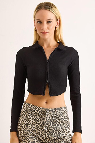 Raneel Kazançlı Alışveriş Women's Polo Collar Zippered Ribbed Camisole Crop B...