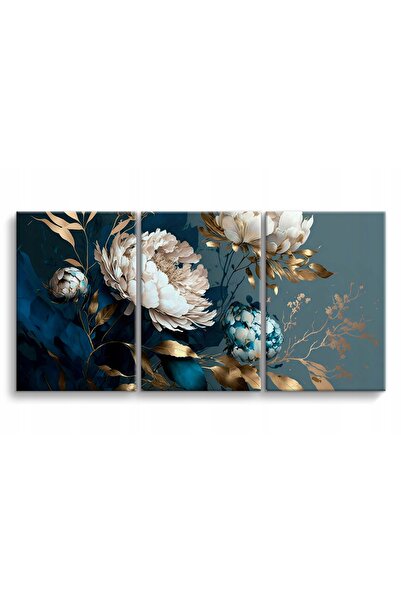 Naklejkomania Set modern, 3 picturi pe panza albastru aur flori glamour 90x18...