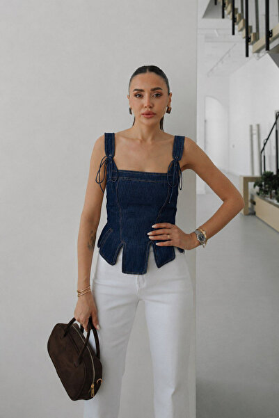 çatı moda Trend Denim Korse Bluz Kare Yaka Şık Kadın Üst