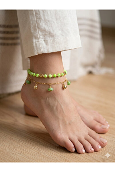 Shine Elagance Green Glass Beads and Round Cut Beads in Gold Color Steel Chai...