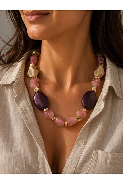 BIJUTERI Pink Bead Model Design Necklace with Gold Detail