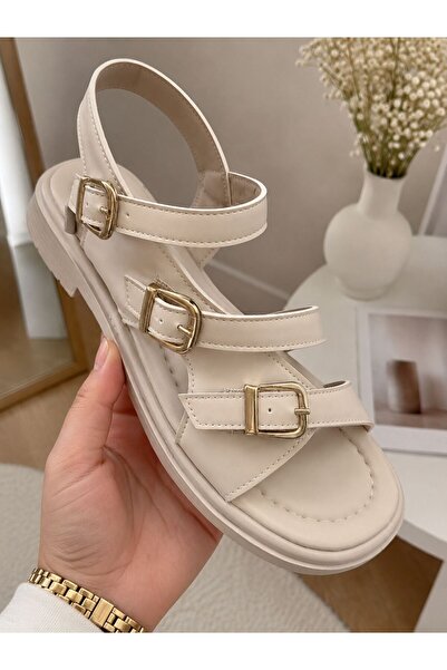 PLN SHOES Kadın Bej Cilt Ayarlanabilir Toka Detaylı Rahat Günlük Comfort Sand...
