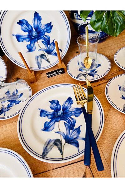 CASA DE BELLA BLUE FLORE GOLD YALDIZLI 6 KİŞİLİK 24 PARÇA ÇAY PASTA SETİ