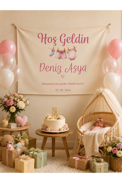 Vagonik Kişiye Özel Hoş Geldin Baby Shower Duvar Örtüsü Duvar Halısı Birinci ...