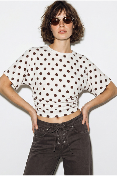 Bianco Lucci Women's Crew Neck Polka Dot Patterned Waist Fitted Short Sleeve ...