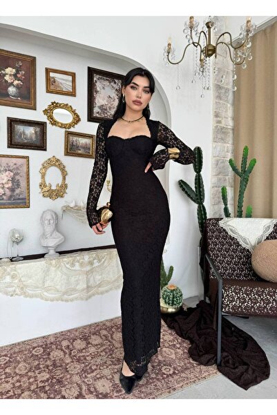 YURELİ Korse Detaylı Dantel Maxi Elbise
