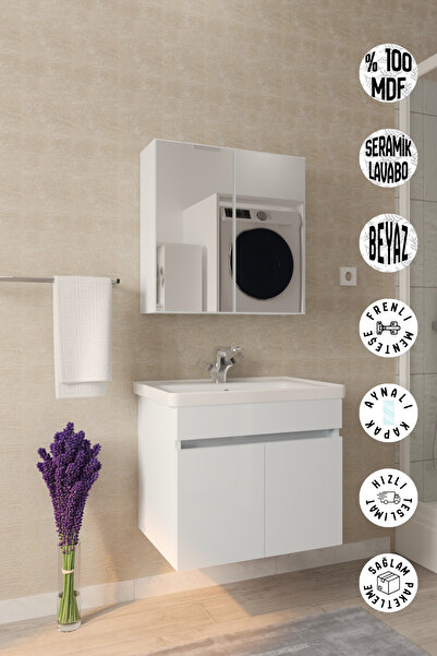Septemius Tokyo 65 cm Banyo Dolabı Takımı Aynalı MDF Gövde Seramik Lavabolu