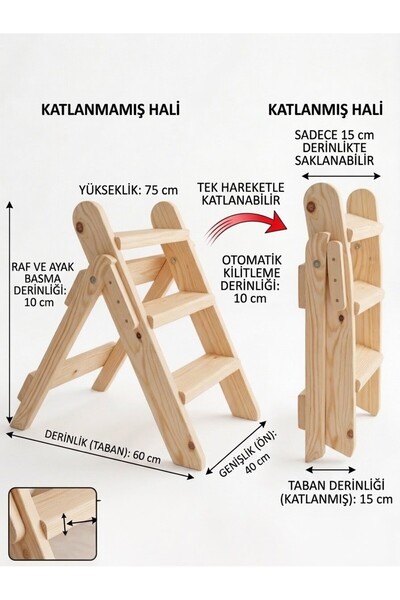 Ev dekka Doğal Ahşap Katlanır Merdiven / Dekoratif Basamak Tabure - 75 cm