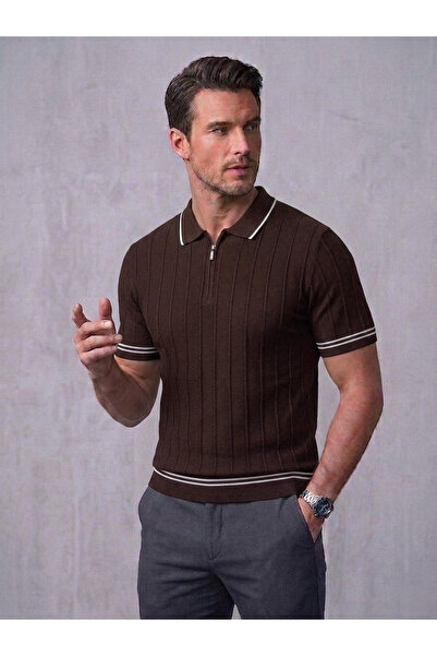 Ewarro Men's Knitwear T-Shirt Striped Zippered Polo Collar