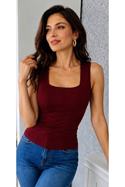 moda felinya Women's Square Neckline Burgundy Color Sleeveless Strappy Buzzy ...