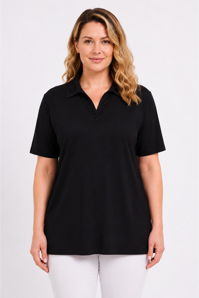 Şans Women's Plus Size Black, Collar Stone Detailed, Short Sleeve Blouse 65N3...
