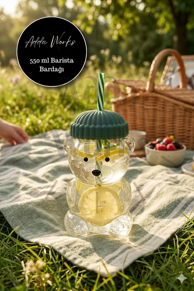 Adda Works Ayıcıklı Cam Bardak 550 ML Pipetli Kapaklı Soğuk İçecek, Kahve, Smoothie, Bubble Tea, Barista Bardağı