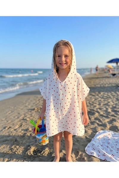 Home Cotton Muslin White Red Heart Hooded Baby Children Poncho Sea Pool Beach...