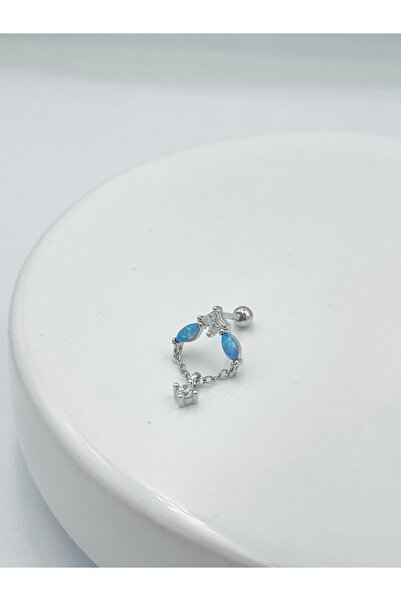Esvema Silver 925 Ayar Gümüş Mavi Opal Zincirli Gümüş Piercing Tragus Helix