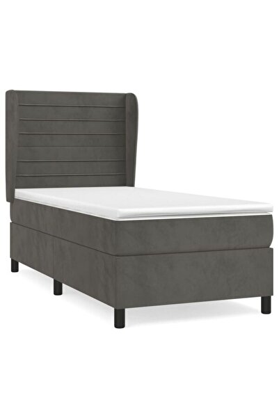 vidaxl Pat box spring cu saltea, gri închis, 90 x 200 cm, catifea