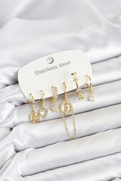 Clariss 316L Steel Gold Color Zircon Stone Chain Detailed Women's Earring Set