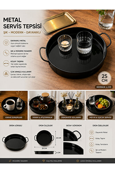 PALU GASTRO Metal Shiny Black Serving Tray 25 cm Round with Handles Coffee an...