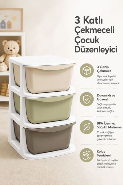 YILDIRIM OYUNCAK 3 Katlı Çekmeceli Çocuk Oyuncak Düzenleyici Saklama Dolabı O...