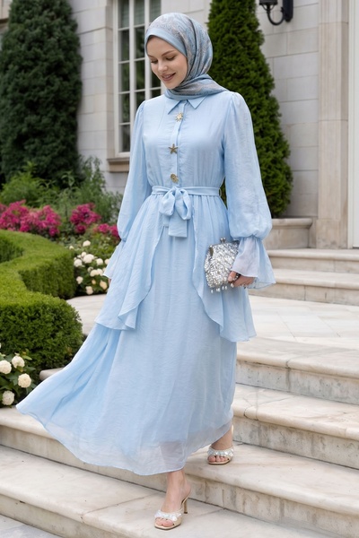 InStyle Ruffle Sleeve Light Blue Dress with Gold Buckle