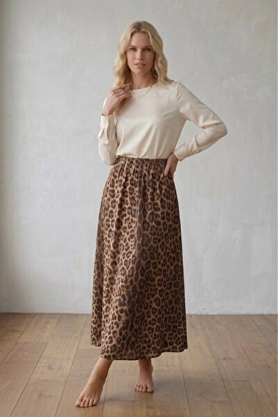 miremiran Leopard Skirt Helen Fabric Thin Draped Lined Inside 95cm Leopard