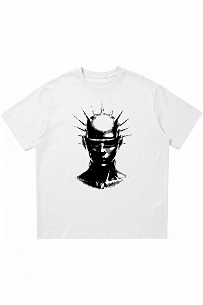 DASH WEAR Thorn-Headed Futuristic Figure Printed White Oversize Crew Neck T-S...