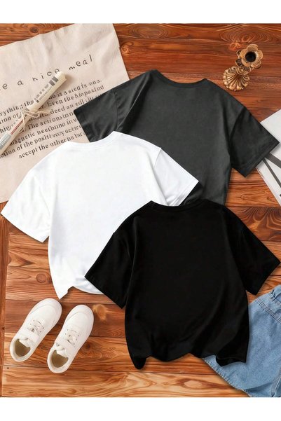 SVART WEAR Printed Black - White - Anthracite 3-Piece Children's T-Shirt 100% Cotton Short Sleeve Knitted Crew Neck