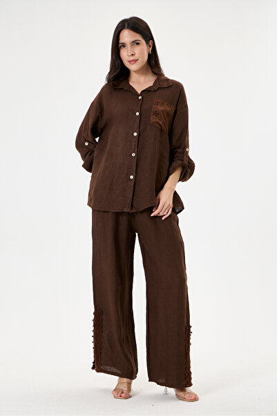 della moor Women's Brown Italian 100% Linen Lace Back Low-Cut Bottom Top Line...