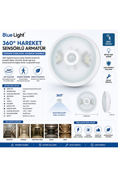 bluelight Blue Light 360° Hareket Sensörlü Armatür LED Tavan Lambası Beyaz Işık