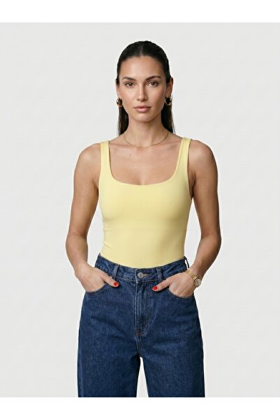 Noe Collection Kadın Kare Yaka Kalın Askılı Slim Fit Bodysuit Çıtçıtlı Body