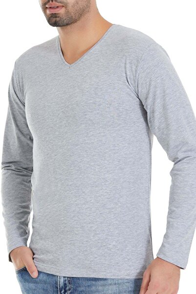 YILDIZ Lycra V-Neck Long Sleeve Men's T-Shirt Gray