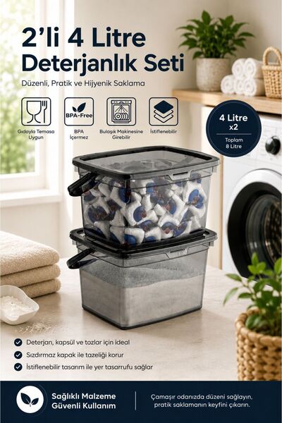 Tercih Home 2-Piece 4 Liter Detergent Dispenser Storage Container Anthracite ...