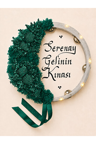 ELYNA Yeşil Ledli Gelin Defi, Boncuklu Çiçekli 32cm, Kına Düğün Sünnet Düğünü...