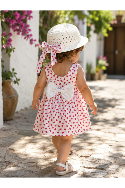 COOLMINIES Baby girl summer dress with straw hat and patterned design