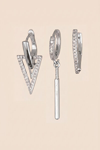 Hetra Silver Colored Zircon Stone Triangle and Bar Dangle 3-Piece Hoop Earrin...