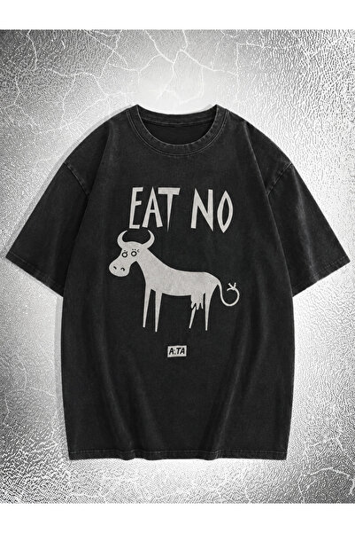 Toum Washable Vintage Style Eat No Printed Gray T-Shirt