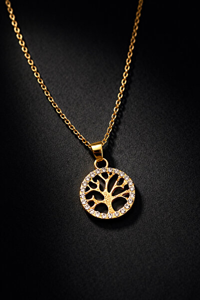 THE Steel Gold Women's Necklace with Zircon Stone Tree of Life Figure