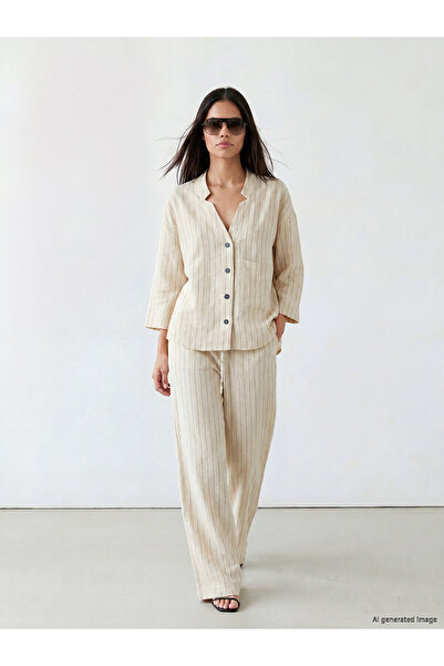 LC Waikiki Nevavm Women's Striped 100% Linen Trousers with Elastic Waist