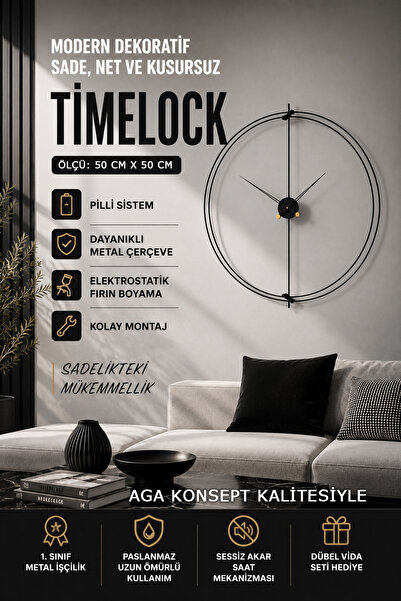 AGA KONSEPT SİYAH Timelock (Büyük Boy 50 cm x 50 cm) Siyah Modern Dekoratif D...
