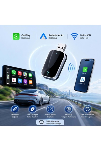 Triline Kablosuz CarPlay Android Auto Mini 2in1 USB Wireless Carplay Dönüştür...