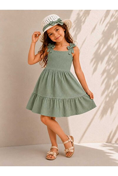 krm kerem bebe Flat Crinkled Fabric Summer Girl's Dress with Hat and Ribbon S...
