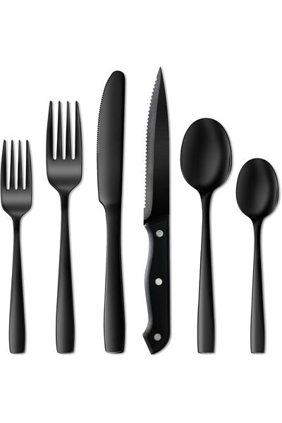 NETANY 24 Pieces Black Silverware Set, Black Flatware Set, Food-Grade Stainle...