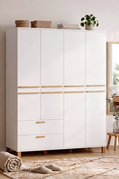 Yurudesign Oslo Ahşap Ayaklı 4 Kapaklı 2 Çekmeceki Raflı Bölmeli Gardırop Gen...