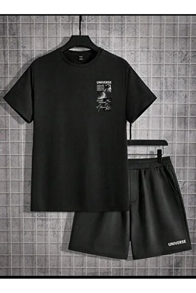 ONLY QUALİTY Unisex Black Balance Printed Tshirt Black Summer Tracksuit Set